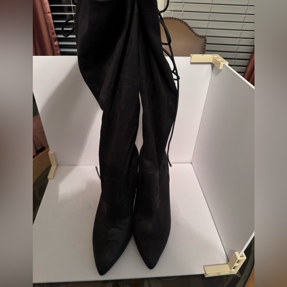 BCBG  zip and lace up heeled boot, feels like soft pony hair but is fabric. - Picture 2 of 9